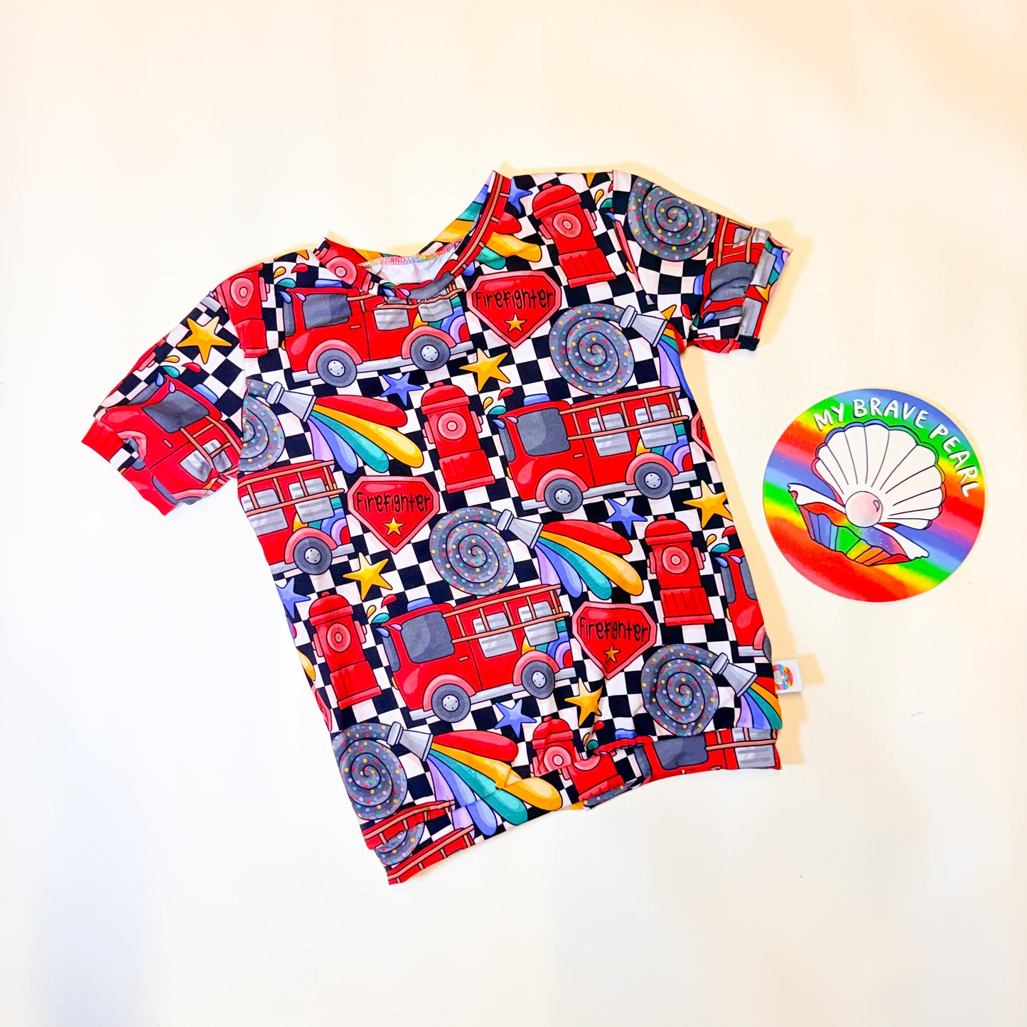 Ready To Ship 5-6Y Rainbow Fire Trucks Tee