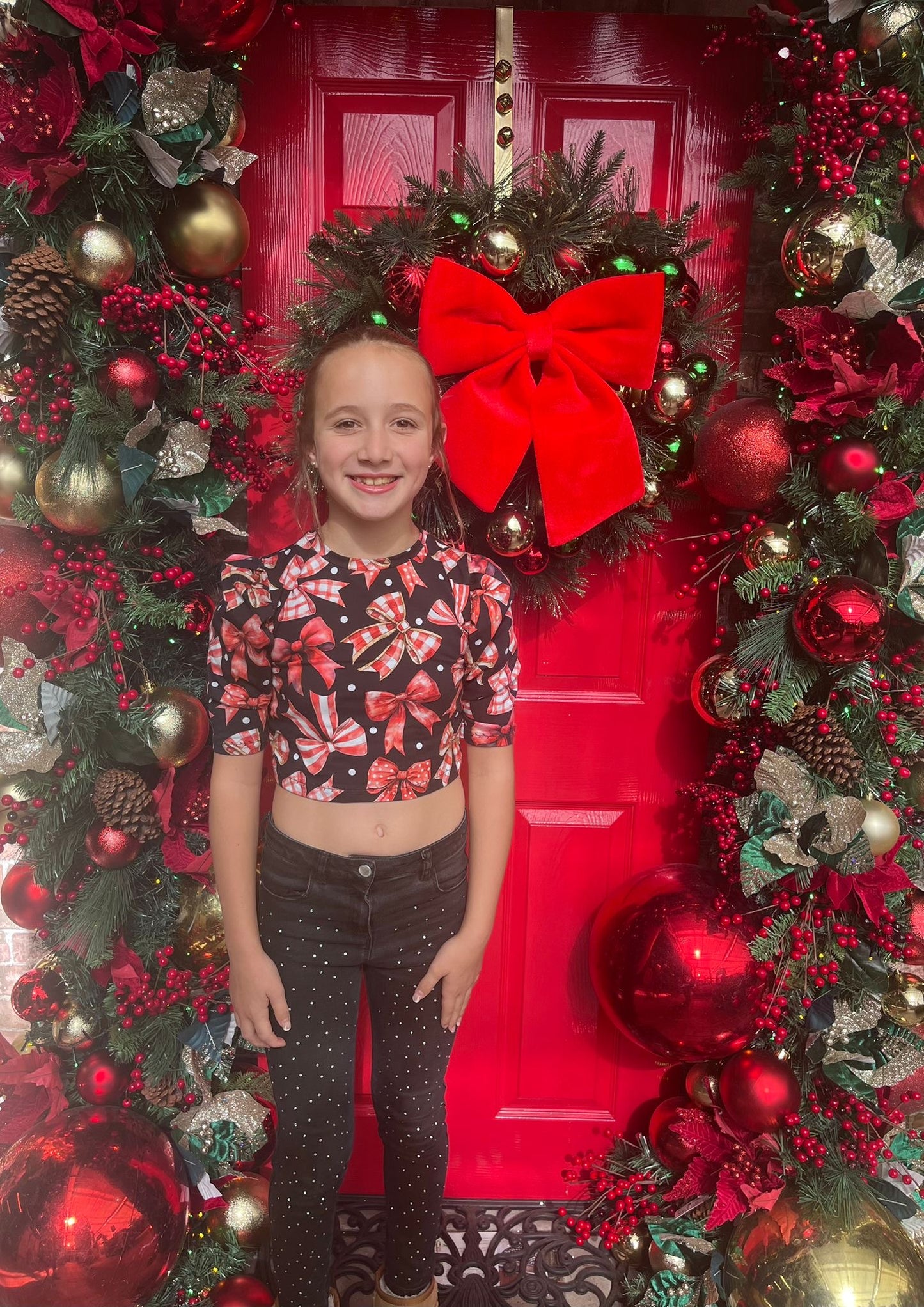 Kids Christmas Mock Neck Ruched Sleeve Top