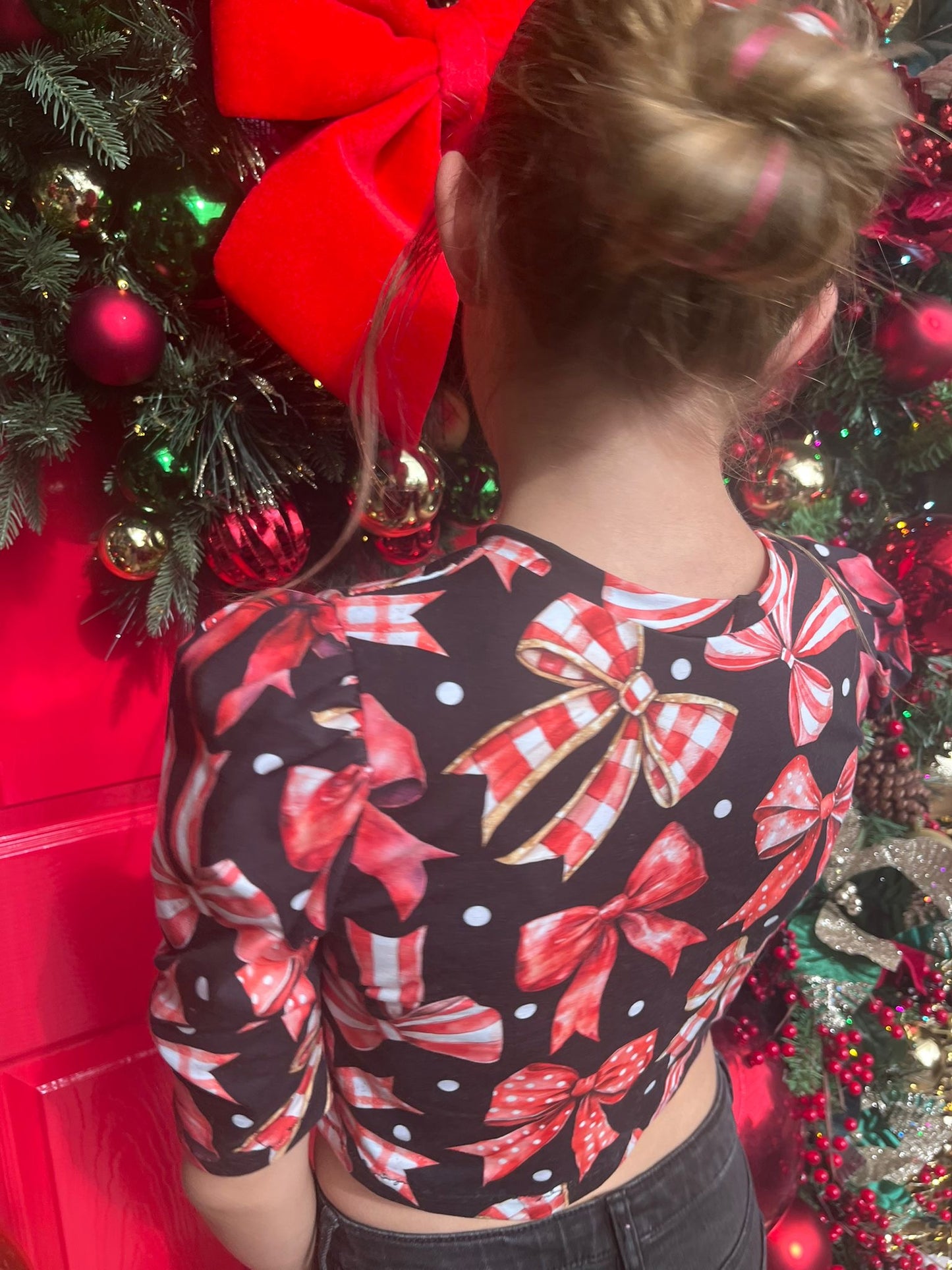 Kids Christmas Mock Neck Ruched Sleeve Top