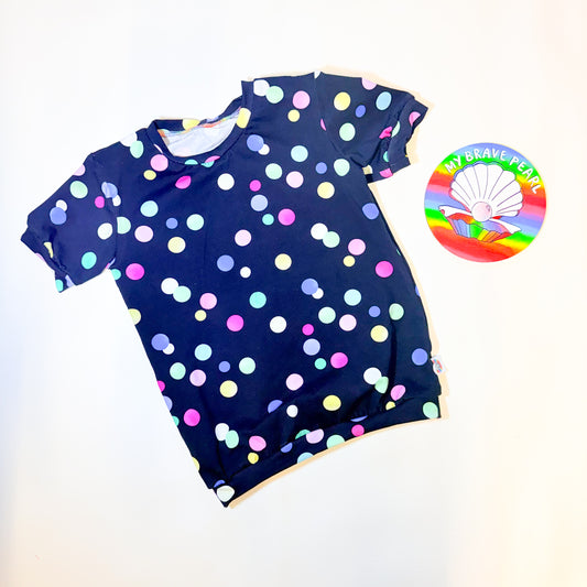 Ready To Ship 6-7Y Black Rainbow Spots Tee