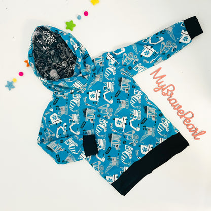 Ready To Ship 4-5Y Doodle Transport/Blue Tractors Reversible Hoodies