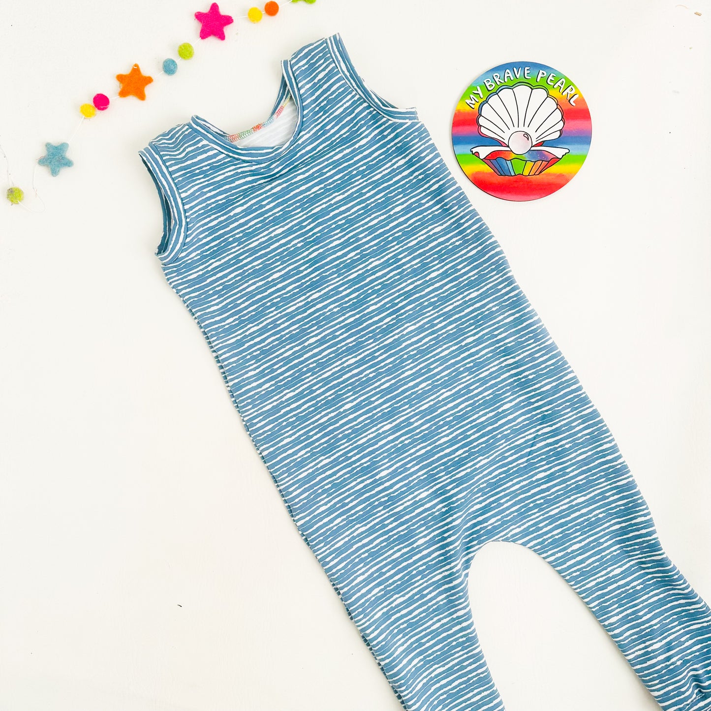 Ready To Ship Blue Stripe Pull On Rompers