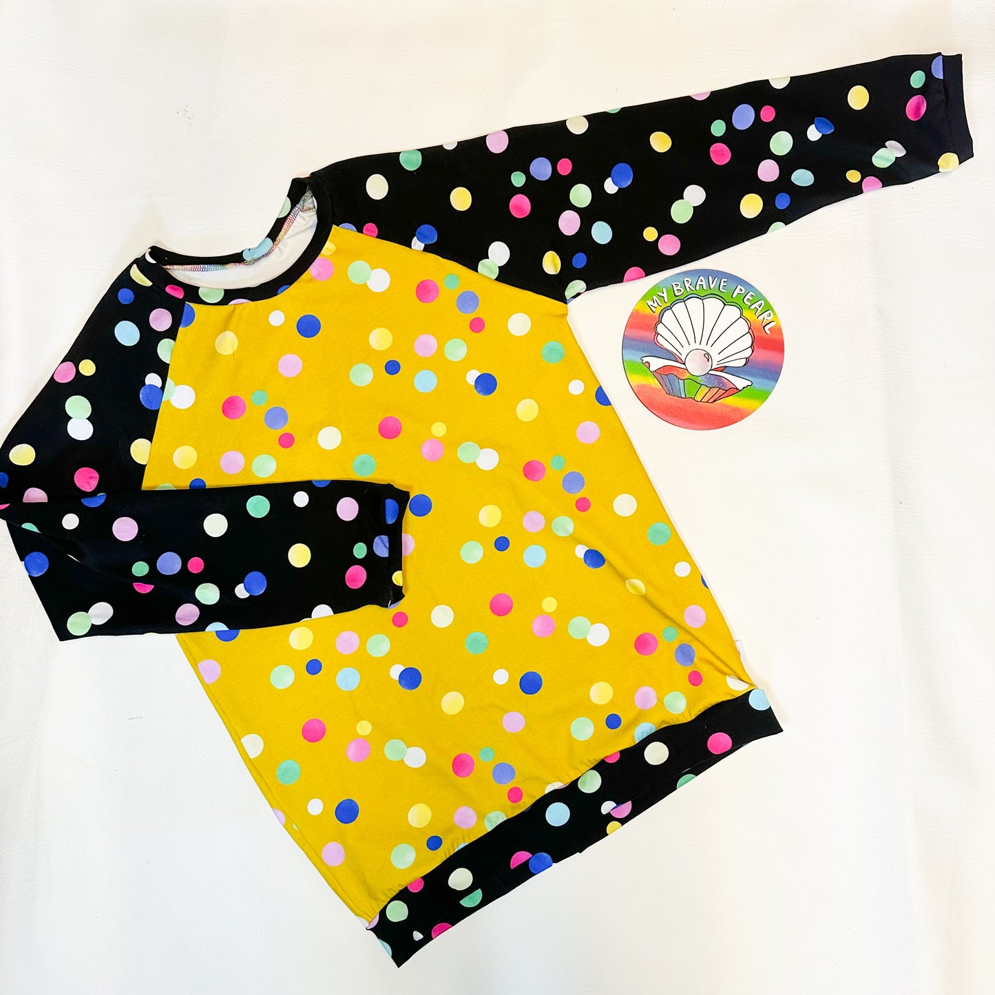 Ready To Ship 12-13Y Mustard and Black Spots Long Sleeve Raglan Tee