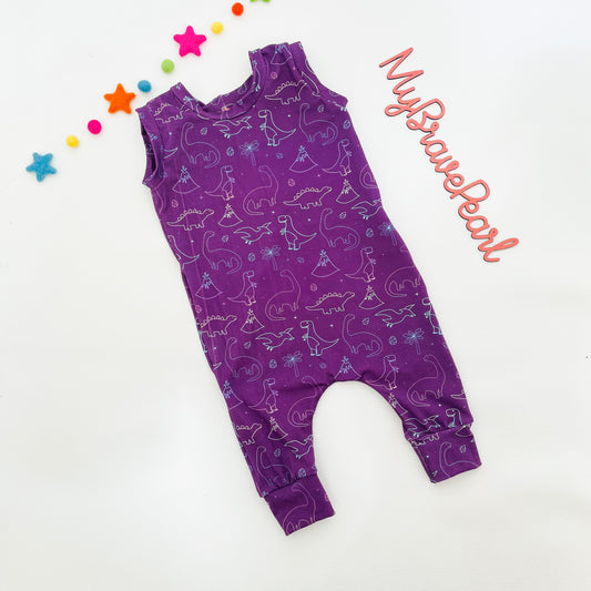 Ready To Ship Purple Dino Pull On Rompers
